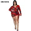 cm.yaya Women Plus Size Set Print Mesh Full Flare Sleeve Bandage Crop Tops Shirring Skirts Two 2 Piece Sets Sexy Outfit Summer r7kP#