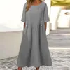 Freizeitkleider Mittelkalblanges Kleid, elegantes A-Linien-Midikleid mit Taschen, Knopfdekor für Frauen, O-Ausschnitt, kurze Ärmel, einfarbig, plissiert