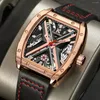 Orologi da polso Tonneau Business Skeleton Orologio automatico da uomo Cassa in oro rosa di lusso Quadrante luminoso Cinturino in pelle Orologi meccanici di moda