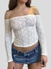 Camisetas para Mujer Tops Transparentes De Encaje para Mujer Camisa De Corte Bajo con Cuello Cuadrado De Manga Larga Top Corto Ajustado Floral Blusa De Color Sólido