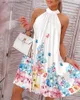 Basic Casual Dresses Women Loose Summer Fashion Mini Dress Abstract Print Slveless Pleated Casual Dress Halter Neck Sexy T240330