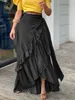 Womens Pleated Denim Skirt Casual Street Wear Beach Party Club Y2K Vintage Elegant Solid Ruffle Hem Knot Waist Long Dress 240326