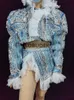 faux Denim Lantejoulas Jaqueta Curta Mini Saia Outfit Sexy Stage Wear DJ Singer Bar Boate Jazz Dance Costume Party Show Roupas z3Kd #