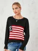 Kvinnors tröjor kvinnor amerikansk flagga tröja vintage tryck långärmad crewneck stickad jumper 90s estetik stickad pullover streetwear
