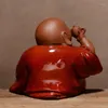 Tea Pets Chinese Red Zen Ceramic Handicrafts Zhaolai Maitreya Smiling Buddha Living Room Antique Rack Decoration