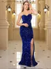 Basic Casual Dresses Sexy Strapless Sequin Floor Length Party Dress Front Slit Backless Padded Bodycon Mermaid Maxi Dress Red Black T240330