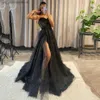 Urban Sexy Dresses Shiny Tulle Evening Dress 2024 Sexy Black V-Neck StrapLlace Applique Party Dress A-line High Side Slit Formal Occasion Prom Gown T240330