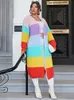 onelink Rainbow Strip Color Lg Sleeve Plus Size Women's Open Cardigan Knee Length Sweater Jacket Oversize Clothing Winter 2022 e7H7#