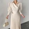 Vestidos informales básicos Manga larga Cintura alta primavera de otoño de lujo Vestido plisado Femenino A-Línea Elegante Vintage Maxi para Wome Dhunb