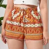 Plus size floral impressão verão casual curto nó elástico cintura elegante boho shorts feminino roupas 7xl 8xl 240322