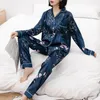 Pijamas femininos senhora pijamas floral impressão de seda conjunto de pijama para mulher manga longa camisa homewear calças largas perna primavera verão