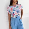 Women's Blouses Women Shirt Soft Stretchy Top Stylish Summer Shirts O-neck Short Sleeve Tops With Loose Fit Flower Printing For Work