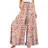 Calças femininas verão perna larga cintura alta fluindo bolsos moda casual boêmio impresso praia pantalones de muje