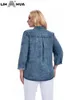 Lih HUA Camisa jeans feminina plus size primavera Fi camisa elegante para mulheres gordinhas camisa cott tecida R68W #