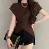 Mulheres Camisetas Estilo Coreano Cross Design Manga Curta Tee para Mulheres Verão Slim Elegante Top Roupas S Sólida Oversize