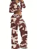 Pantaloni a due pezzi da donna Olivekwok Camouflage Safari Set Camicia a maniche lunghe con bottoni e gamba larga cargo 2024 2 set Tuta da ginnastica