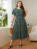 Basic Casual Dresses Fashion Big Size Womens Clothing Dress Summer O-Neck Floral Print Midi Dresses Urban Elegant Casual Ladies Plus Size Long Dress T240330