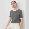 Strictly Selected Kurzarm-T-Shirt aus Seide für Damen im Sommer, elegant, kontrastierender Rundhalsausschnitt, Maulbeere