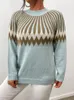 OneLink Plus Size Women's Sweater Brown Blue Geometric Print Crew Neck Sticking Pullover LG Sleeve Flat Stitch Oversize Top R15Z#