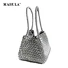 Mabula 2 PCS Set Silver Women Woven Pu Leather Top Handle Handbag Fashion Square Vegetabiliska korg för Shopper Högkvalitativ handväska 240328