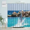 Tende da doccia Delfino Scenario oceano Tenda Animali marini Cielo blu Nuvola bianca Spiaggia Schermo impermeabile per bagno naturale con set di ganci