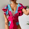 Sexy One Piece Swimsuit 2024 Sexy Ruffle Swimwear Women Swimsuit Floral Print Bathing Suit Beachwear V-Neck Monokini Swim Suit 240315