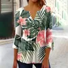 Women's T Shirts Button Down For Women Floral Print Tunic Summer Tops Dressy Casual Bell 3/4 Sleeve V Neck Spring Blouses Clothing Female