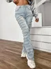 Women's Jeans American Design Women Stacked High Street Stretch Long Patched Pants Straight Fit Female Denim Outwear