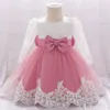 born Long Sleeve Baby Girl Dresses Party Wedding Girl Lace Big Bow Dresses Infant Girl 1st Birthday Princess Baptism Dress 240319