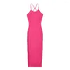 Casual Dresses Summer For Women 2024 Sexy Evening Party Dress Midi Bodycon Long Black Halter Pink Backless