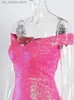 Basic Casual Dresses NEW Sparkles Stretch Sequin Off Shoulder Party Dress Full Lining Bodycon Tight Package Hips Padded Evening Night Club Dress T240330