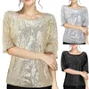 Kvinnors blusar kvinnor kort ärmskjorta paljetter toppar damer skjortor sommarkläder sexig o nacke elegant lös avslappnad silver guld topp blusa