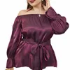 Plus la taille des femmes de l'épaule Peplum Ruffle Chiff Blouse 4XL femmes élégantes Lg Flare manches ceinturées tuniques métalliques chemises L8n5 #