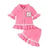 Pudcoco Pasen-pyjama voor babymeisjes, reverskraag, korte mouw, button-down tops, shorts met ruches, baby-peuter-nachtkleding 3M3T 240325