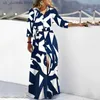 Robes décontractées de base 2023 nouvelle robe printemps été longue Slve col rabattu rayure verticale imprimé à lacets mode élégante grand ourlet robe féminine T240330