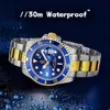 FANMIS mens luxury watch with rotatable bezel sapphire glass luminous quartz silver gold dual color stainless steel watch