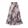 2023 Summer Print Floral kjolar för kvinnor Casual Loose Elastic midja plus storlek kjolbälte a-line chiff strand saias midi femme q8ds#