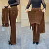 Pantalones de mujer moda Otoño e Invierno Color sólido bolsillo Edición coreana versátil suelto cintura alta pana elástica acampanada