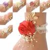 Mädchen Brautjungfer Handgelenk Frs Hochzeit Prom Party Boutniere Satin Rose Armband Stoff Hand Frs Hochzeit Versorgung Accories m8A1 #
