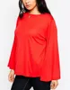 T-shirt z rękawów LG plus size kobiety Solid czerwona okrągła szyja Sprężyna jesienna Knitt Elegancka, swobodna bluzka TOP TEE 5xl 6xl 7xl J9fk#