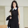 Work Dresses Temperament Fashion Polo Neck Vest Dress Jacket Two-piece Set Women Single Breasted Korean Sleeveless Slim Spring Patchwork