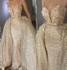 Shiny Gold Abiye Mermaid Long Evening Dresses With Detachable Train Flower Lace Evening Gowns Sequin Sexy Dress Formal Backless 2 8916437