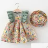 Flickor klänningar född baby flicka klänning blommig ruffle prinsessa bomull är ärmlösa spädbarnskläder sommar sunhat sundress 1 år droppleverans dhjp1