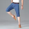 Мужские шорты, летние тонкие деловые джинсовые укороченные брюки для мужчин, свободные прямые эластичные повседневные мужские брендовые костюмы выше колена