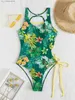 Kvinnors badkläder 2023 Tryck Lace Up Back Swimsuit One Piece Solid badkläder Kvinnor Badande Swimming Kvinnlig vadderad Summer Beachwear Bodysuit T240330