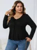 Chemisier noir de grande taille pour femmes, pull décontracté, col en V, manches Lg, T-Shirts, coupe cintrée, bureau, dame, automne hiver, Tops 2023, R9ty #