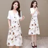 Casual Dresses Summer Korean Two-Piece Set For Women's White Printed Thin Top Sun Protection Shirt Sexig Dress Suit L12