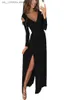 Grundläggande avslappnade klänningar Autumn Dress Women 2023 Sexig DP V Neck Long Slit Maxi Dresses Fashion Elegant Solid High Midist Party Dress T240330