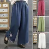 Pantaloni da donna stile cinese vita elastica lunga pantaloni casual a gamba larga tasche design ampio vestibilità retrò