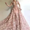 Runway Dresses Pink V Neck spets sjöjungfru kväll långa ärmar Applique Prom -klänningar med avtagbart tåg formellt slitage